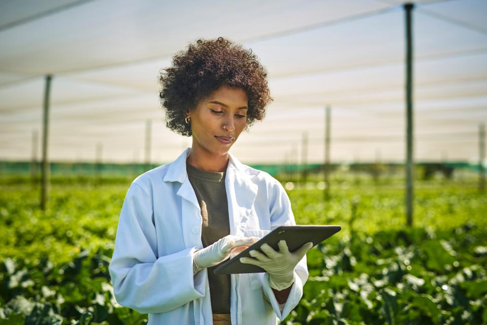women with a white coat looking at an ipad in a field.